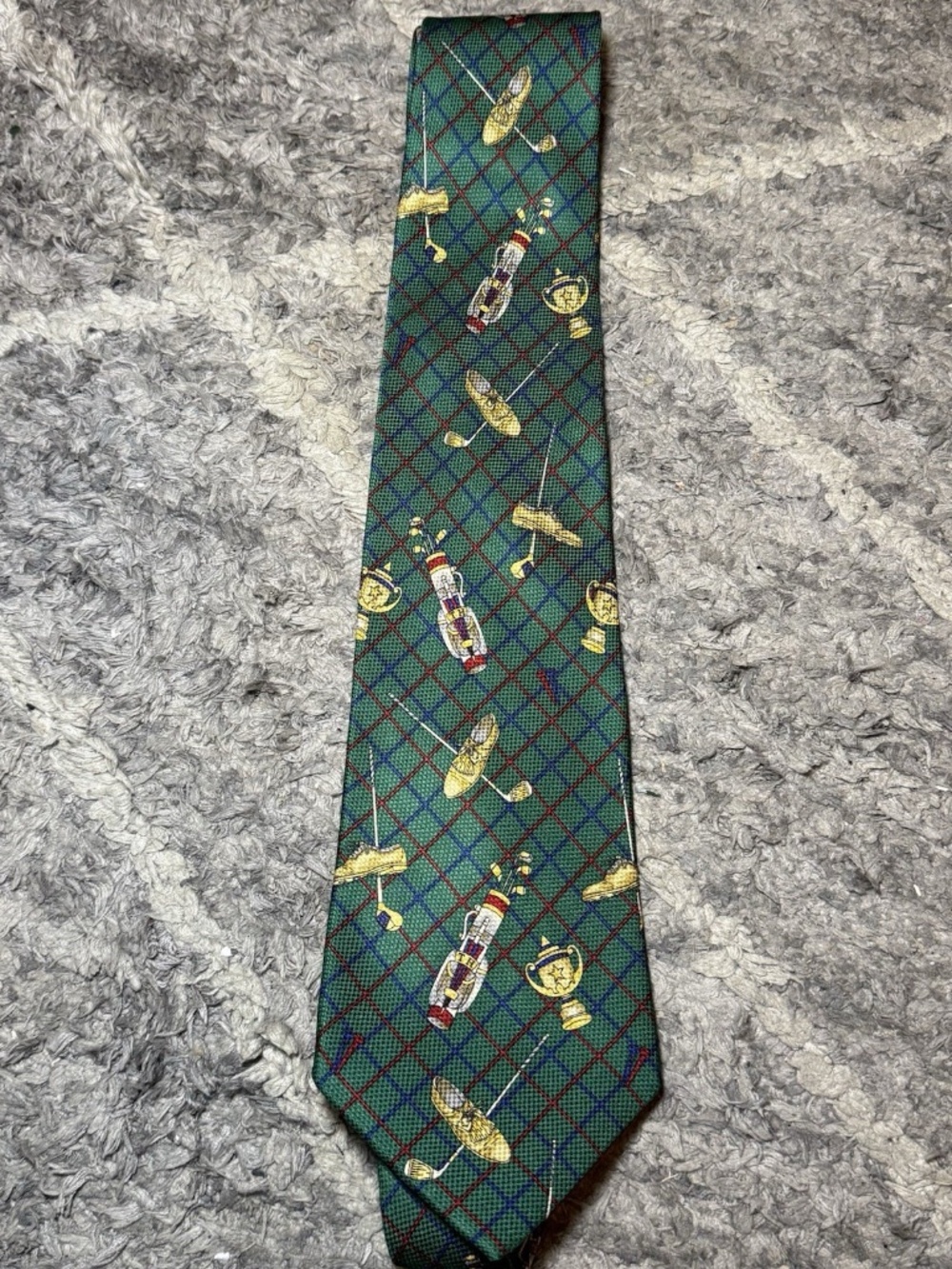 Tommy Hilfiger Silk Golf Theme Necktie Green Checkered Pattern Clubs Shoes Men’s